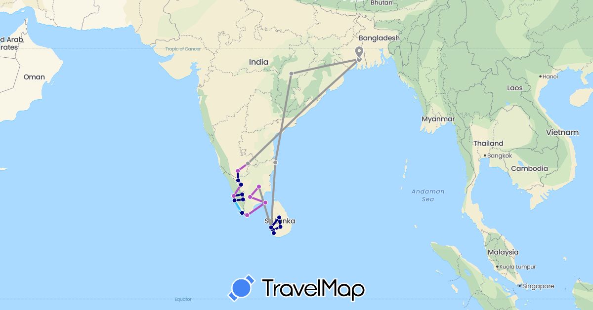 TravelMap itinerary: driving, plane, train, boat in India, Sri Lanka (Asia)
